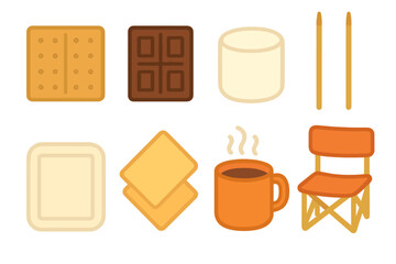 S'mores Station Essentials. Flat vector mini-illustrations S&rsquo;mores station essentials in colors children's illustrations: graham