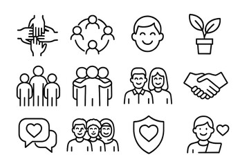 Safe Workplace Icons. Outline icon set of safe workplace culture: teamwork hands, inclusive circle, happy employee face, office