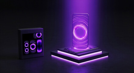 Glowing smartphone displaying abstract purple digital patterns on a dark, futuristic stage