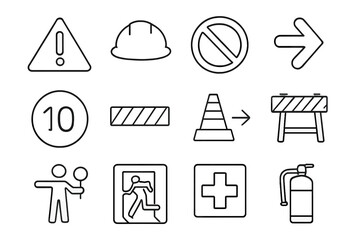 Safety Icon Set. Outline icon set of site signage and barriers: danger sign, hard hat area, no entry symbol, pedestrian detour,