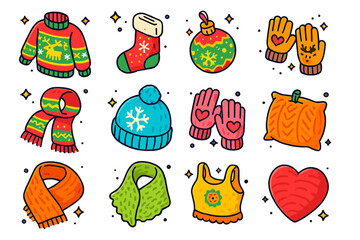 Seasonal Knitwear Icons. Colorful isometric vector icons set of seasonal knitwear: holiday sweater, Christmas stocking, knitted