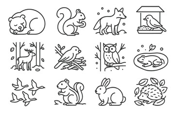 Seasonal Survival Icons. Outline icon set of Seasonal survival tactics: bear hibernating, squirrel gathering nuts, fox in snow,
