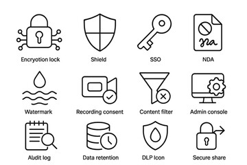 Security Icons Grid. Outline icon set of security and compliance controls: encryption lock, shield, SSO key, NDA document,
