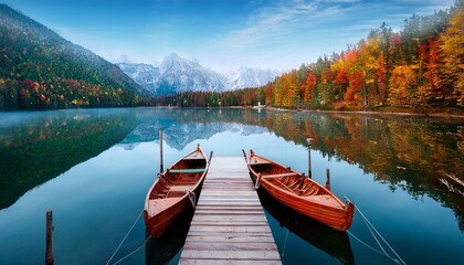Obraz premium Two wooden rowboats rest on a tranquil lake dock mirroring the vibrant autumn foliage and snow capped mountains