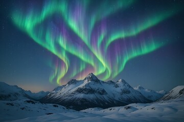 Fototapeta premium Ai generated:Aurora Borealis Over Snow-Covered Mountains with Colorful Night Sky