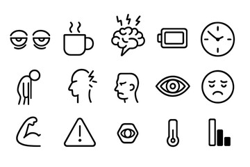 Sleep Deprivation Icons. Outline icon set of sleep deprivation effects: tired eyes, coffee mug, brain with stress lines, broken