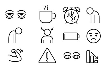 Sleep Deprivation Icons. Outline icon set of sleep deprivation effects: tired eyes, coffee mug, brain with stress lines, broken
