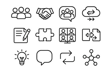 Fototapeta premium Social Media Icons. Outline icon set of social media collaboration: team avatars, handshake, group chat, cloud sharing, co-editing
