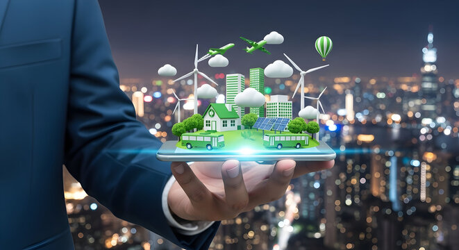 Businessman presents sustainable city concept on phone, showcasing green technology for a brighter future