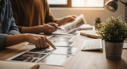 Two people analyzing photos together at a desk. They are reviewing prints and discussing their work