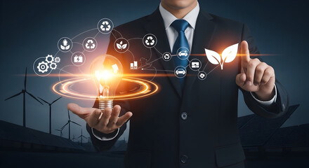 Businessman harnessing sustainable energy innovation with glowing idea bulb and green technology icons