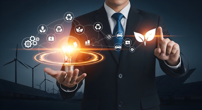Businessman harnessing sustainable energy innovation with glowing idea bulb and green technology icons