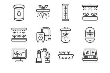 Space Farming Icons. Outline icon set of hydroponic and aeroponic farming in space: nutrient solution tank, plant roots in mist