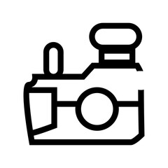 Stylized black and white DSLR camera icon with lens and flash, vector illustration for photography themes, logos, or design