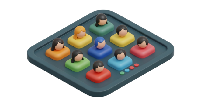 A 3D illustration featuring a team or group of people represented by colorful abstract figures
