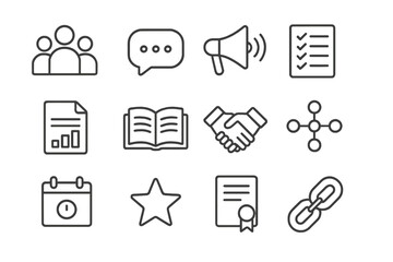 Stakeholder Engagement Icons. Outline icon set of stakeholder engagement and transparency: group avatar, chat bubble, megaphone,