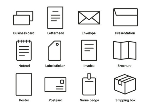 Stationery Icon Set. Outline icon set of stationery and print collateral: business card, letterhead, envelope, presentation folder