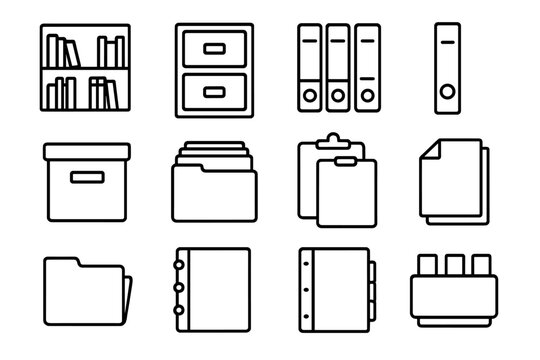 Study Materials Icons. Outline icon set of study materials organization: bookshelf, filing cabinet, labeled folders, binder,