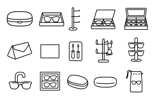 Sunglasses Storage Icons. Outline icon set of Sunglasses and eyewear storage: sunglasses case, sunglasses tray, eyeglass stand,