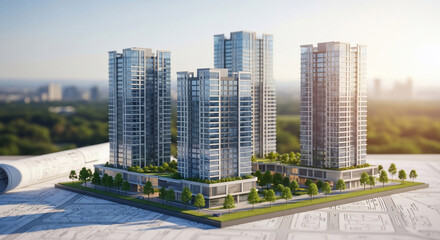 Fototapeta premium Architectural model of modern high-rise buildings on blueprints, symbolizing urban development and real estate investment