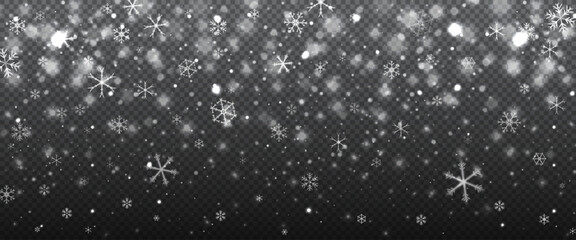 Realistic vector illustration of falling snowflakes with bokeh light effect on transparent background. Winter holiday and Christmas overlay for decoration, texture, poster, cover, or festive
