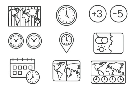Time Zone Icons. Outline icon set of Time zones: world map with longitudinal bands, UTC clock, +3 offset badge, &minus;5 offset badge,