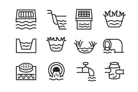 Urban Stormwater Icon Set. Outline icon set of urban stormwater management: storm drain inlet, curbside gutter, catch basin,
