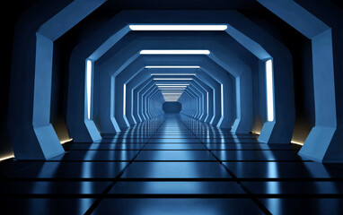 Obraz premium Futuristic blue tunnel with bright lights and geometric shapes