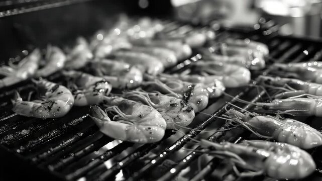 A large selection of grilled shrimp in a row, ready to be eaten on a barbecue grill.