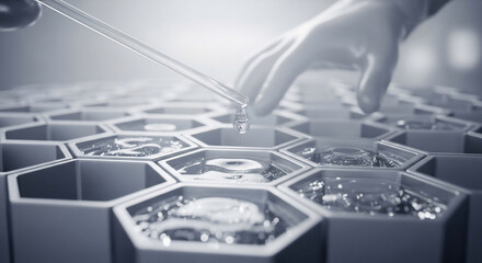 Laboratory experiment with a pipette dispensing liquid into hexagonal containers. Research concept with scientific focus