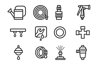 Watering Equipment Icons. Outline icon set of repairing watering equipment: watering can, garden hose, hose connector, spray