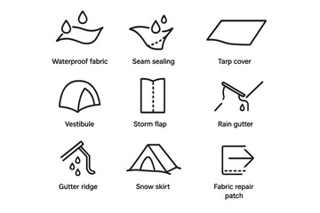 Fototapeta premium Weatherproofing Icons Set. Outline icon set of weatherproofing techniques: waterproof fabric icon, seam sealing, tarp cover, tent