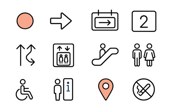 Wayfinding Icon Set. Outline icon set of wayfinding and signage: line color dot, direction arrow, exit sign, platform number,