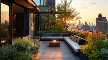 A rooftop terrace garden with modern modular seating, a small fire pit, and lush potted plants, creating a private retreat above the bustling city, architectural digest style, golden hour lighting.