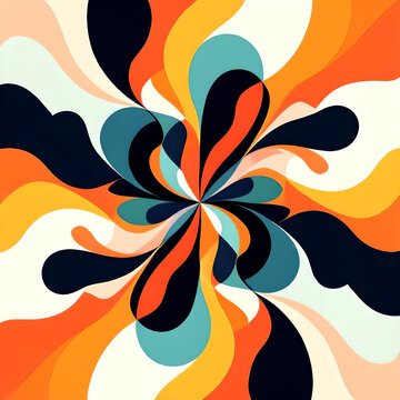Vibrant psychedelic abstract flower with swirling curved petals in orange, yellow, teal, and dark blue, radiating from a central point against a cream background