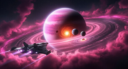 A futuristic spaceship flies through a vibrant pink galaxy, featuring a colossal gas giant, moons, and a glowing black hole amidst swirling cosmic nebulae