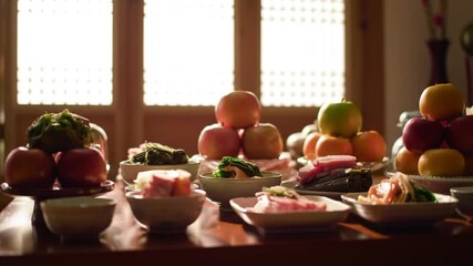 Korean Chuseok Table Setting Festive Fruits with Vegetables  Dishes Holiday Feast.