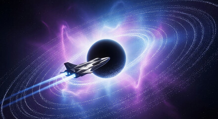 A futuristic spaceship with glowing blue thrusters flies through a vibrant cosmic nebula, approaching a mysterious black hole
