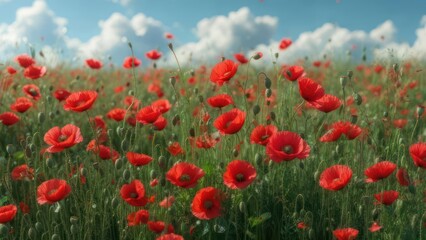 Fototapeta premium Vibrant poppy field under a partly cloudy sky
