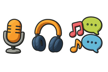 3D podcast icon set with microphone, headphones, music notes, and chat bubbles. Vector cartoon illustration for audio streaming, broadcast, and communication. Media concept.