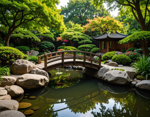 Japanese garden with wooden arched bridge over pond surrounded by lush green trees and large rocks, peaceful and serene outdoor landscape with traditional pavilion