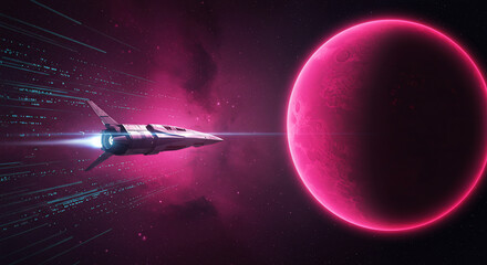 A sleek, futuristic spaceship travels at high speed through a vibrant pink nebula, approaching a large, glowing magenta planet