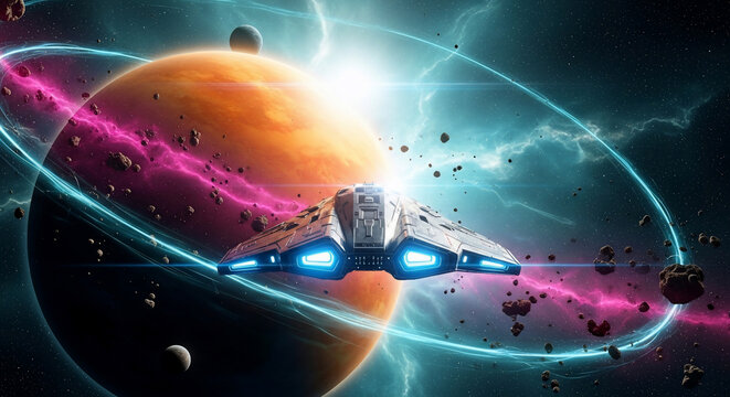 A sleek futuristic spaceship journeys through a vibrant cosmic landscape, passing an orange planet with glowing rings and an asteroid field