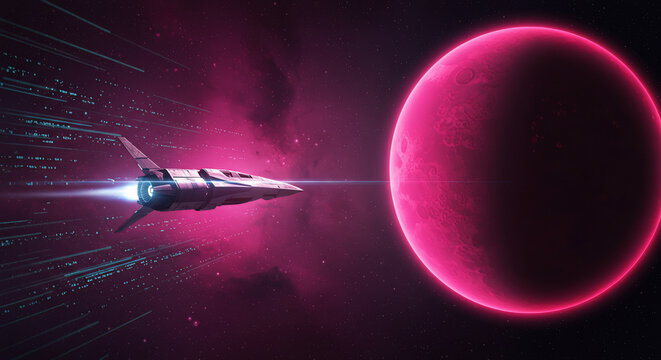 A sleek, futuristic spaceship travels at high speed through a vibrant pink nebula, approaching a large, glowing magenta planet - Powered by Adobe