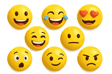 Fototapeta premium Set of 3D emoji faces with many emotions. Yellow cartoon emoticon characters isolated. Vector collection for social media, chat, reactions, feelings, and mood concepts.