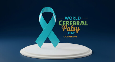 A vibrant teal awareness ribbon on a white podium against a blue backdrop