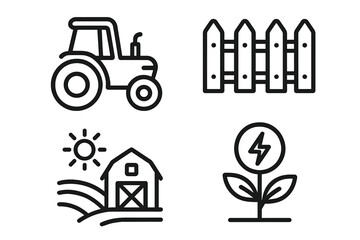Agriculture and farming line icon set. Contains icons of tractor, fence, barn, field, sun, and bioenergy plant. Vector symbols for organic farming and rural life.
