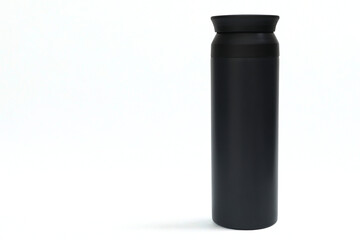 Black thermos bottle on white background