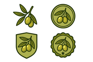 Olive branch logo and badge design set, vector cartoon illustration with green olives and leaves, round and shield badges, organic nature emblem, transparent background stock graphics