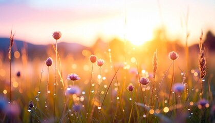 Dreamy summer meadow with wildflowers covered in dew, backlit by the warm, glowing light of a soft pastel sunrise